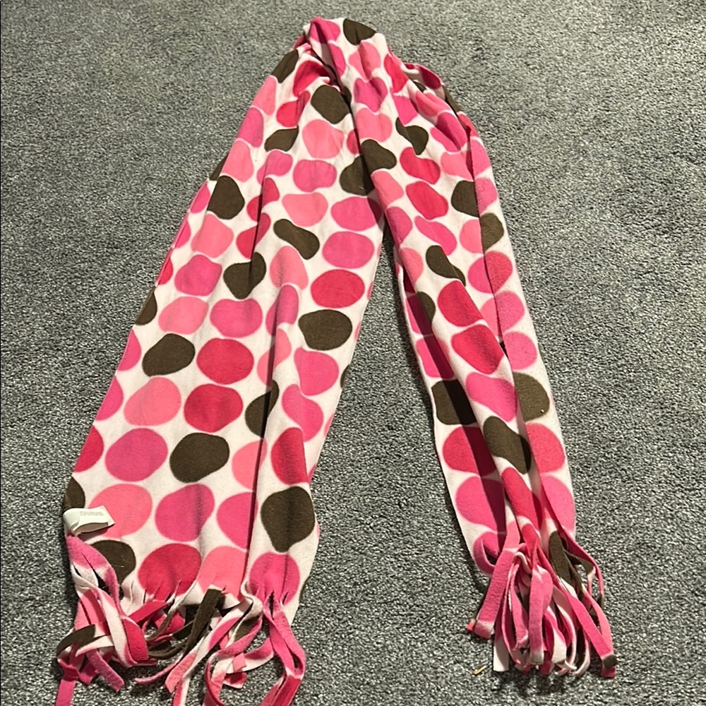 Pink Polka Dot Fleece Scarf with Fringes